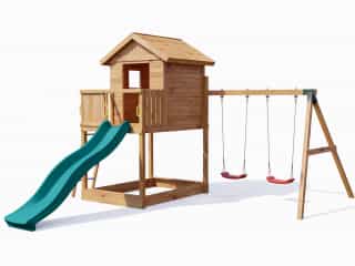 Spielturm Stelzenhaus Galaxy S inkl. Doppelschaukel teakfarben + Rutsche türkis Produktbild #4