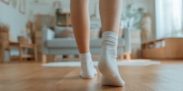 Closeup,Foot,Of,Young,Woman,With,Sock,Walking,On,Wooden