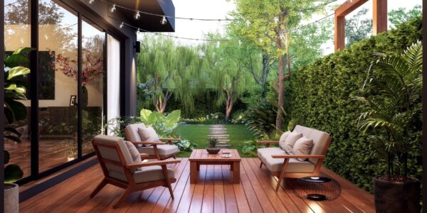 Modern,Contemporary,Style,Small,Wooden,Terrace,With,Garden,View,3d