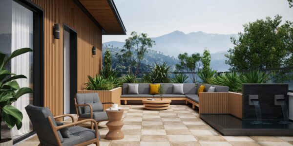 Elegant,Space,Terrace,With,Lounger,Wooden,Sofa,And,Chair.,Greenery
