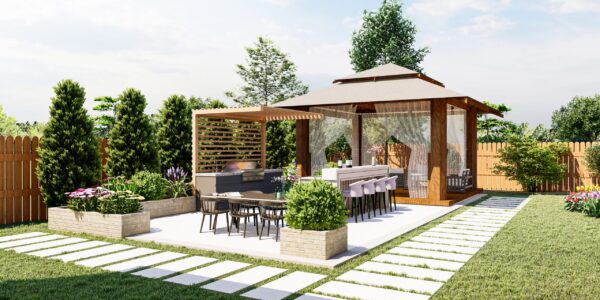 Backyard,Design,With,Freeform,Pool,,Kitchen,,Gazebo
