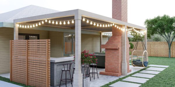 3d,Rendered,A,Backyard,With,Pergola,,Fire,Place,,Outdoor,Kitchen,