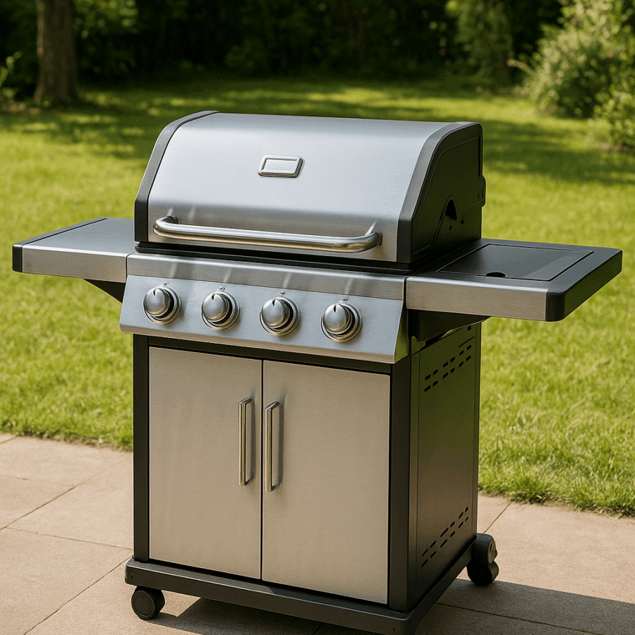 Ein Gasgrill auf einer Terrasse.