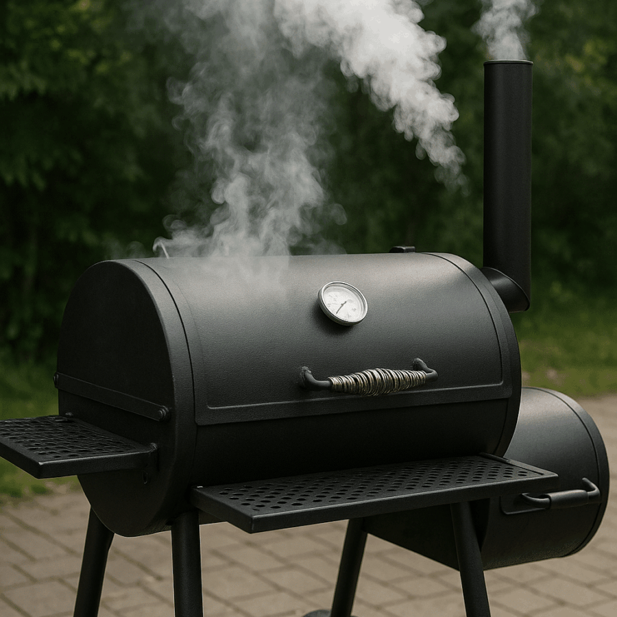 Ein Smoker, der im Garten auf einer Terrasse steht.