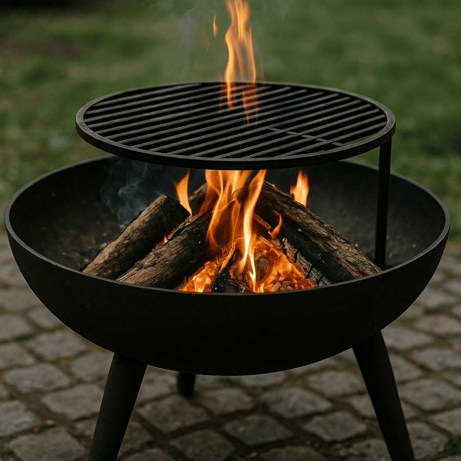 Eine Feuerschale mit Grillaufsatz, die im Garten auf Kopfsteinpflaster steht.