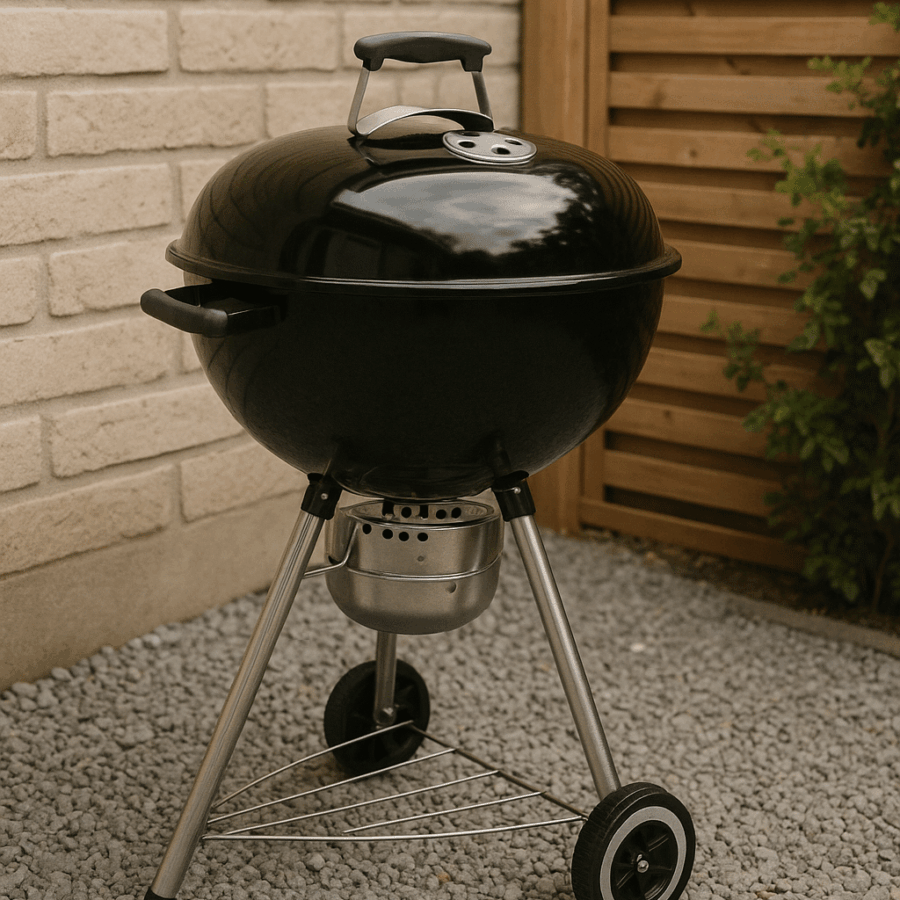 Ein Kugelgrill der auf Kies im Garten steht.