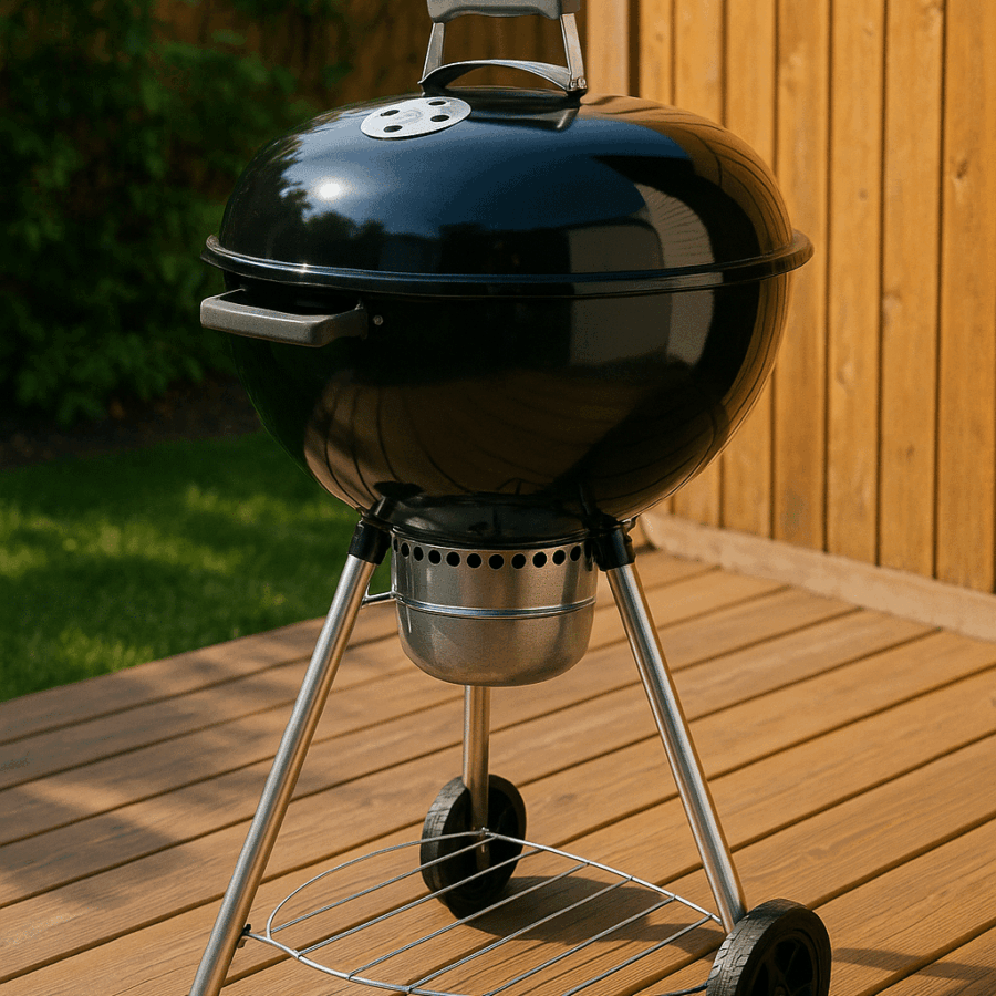 Ein Kugelgrill, der auf einer Holzterrasse steht.