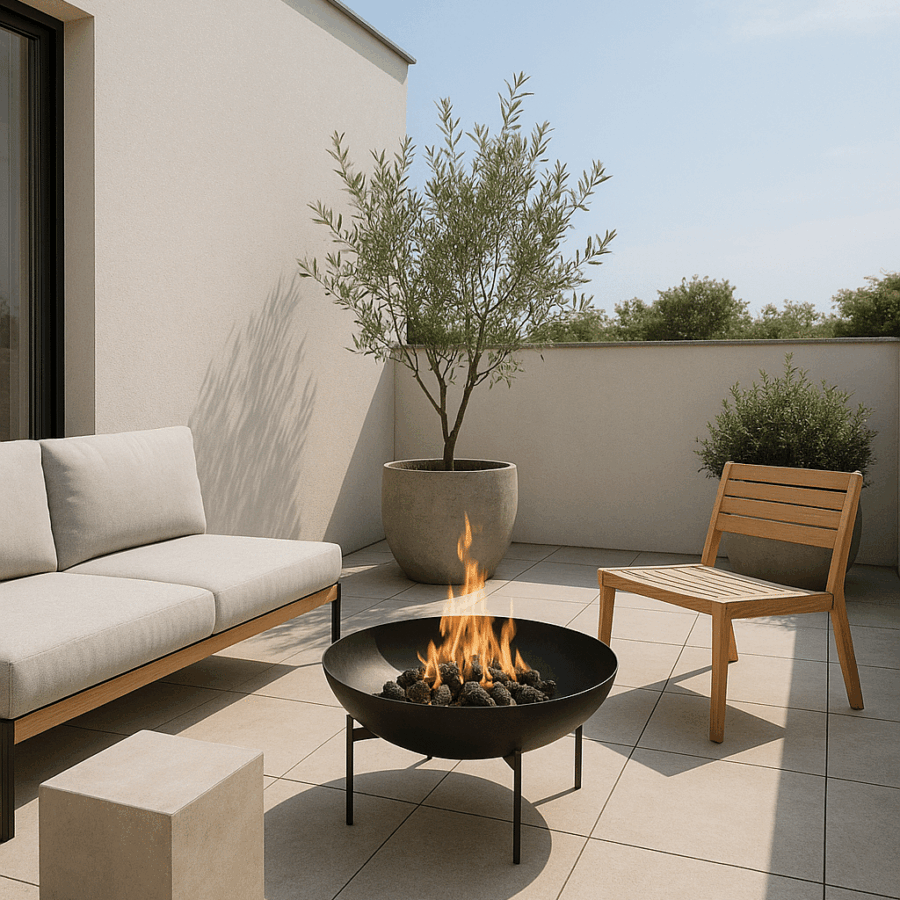 Minimalistischer Balkon mit Feuerschale.