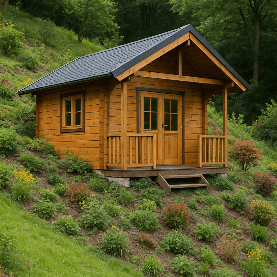 hölzernes Gartenhaus mit Vorbau an einem Hang