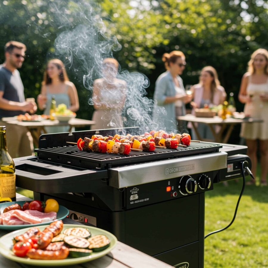 Ein elektrischer Grill im Garten bei einer kleinen Feier