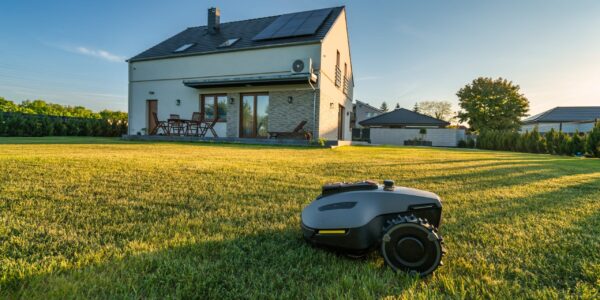 Robotic,Lawn,Mower,Cutting,Grass,Under,Sunset,Light