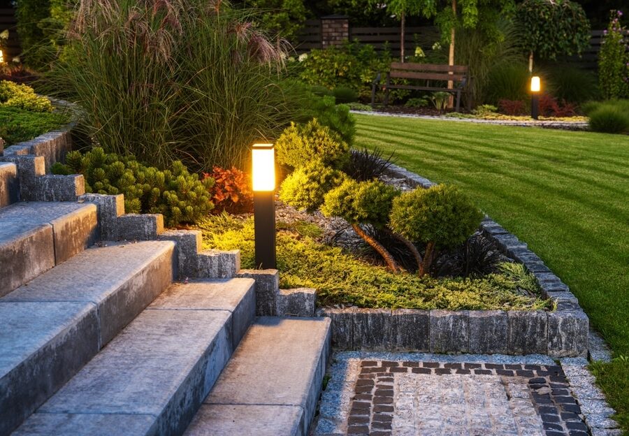 Evening,In,The,Beautiful,Rockery,Garden,Illuminated,By,Led,Garden