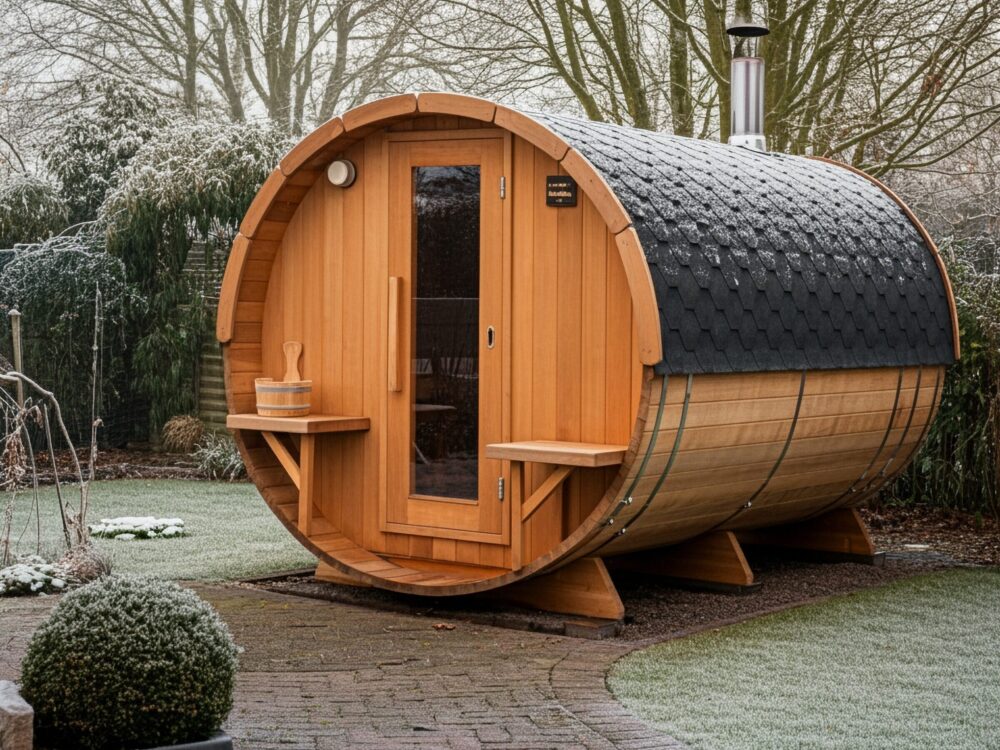 Outdoor,Photo,Of,Take,A,Picture,Of,A,Barrel,Sauna Fasssauna mit schwarzem Schindeldach, Glastür, zwei Ablagen außen, steht auf Holzfüßen in einem Garten.