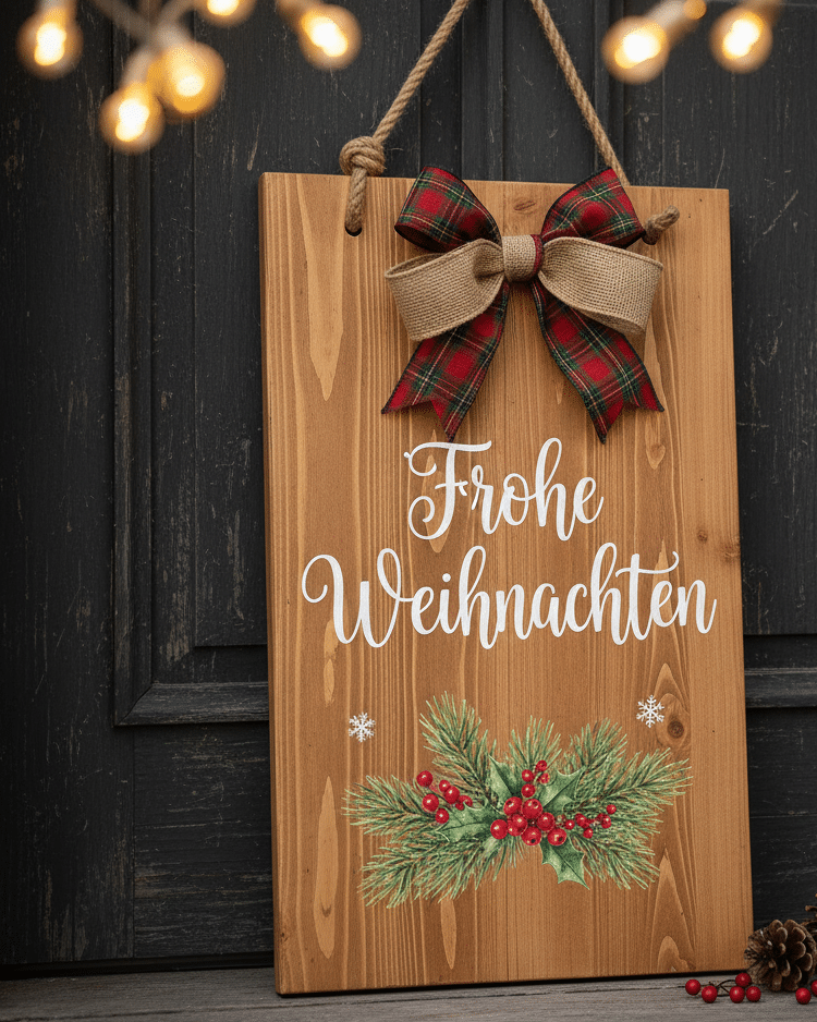 Holzschild mit der Aufschrift 'Frohe Weihnachten', verziert mit einer rot-grünen Schleife und Tannenzweigen mit roten Beeren, vor dunkler Tür.