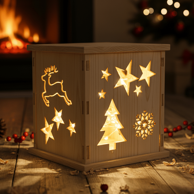 Holzlaterne mit ausgeschnittenen Motiven von Sternen, Tannenbaum, Schneeflocke und Rentier, beleuchtet auf Holztisch vor Weihnachtsbaum und Kaminfeuer.