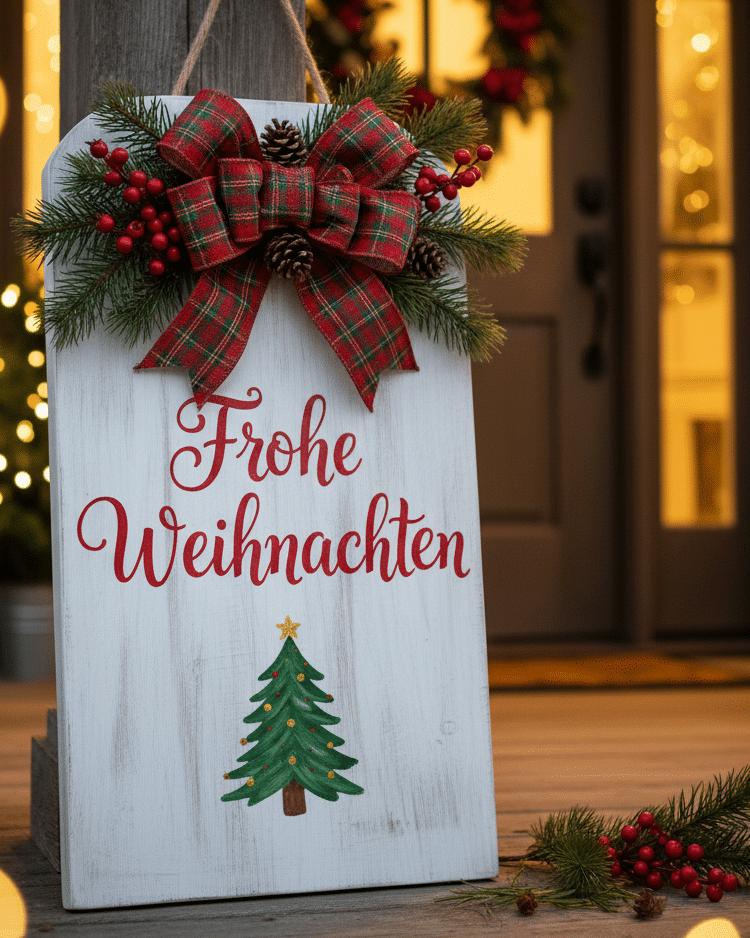 Weißes Holzschild mit rotem Schriftzug 'Frohe Weihnachten', grünem Tannenbaum, rotem kariertem Schleifenband und Tannenzweigen mit roten Beeren.