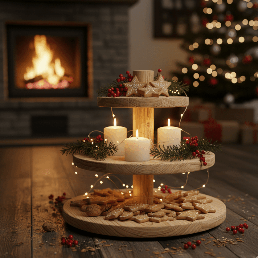 Dreistöckiges Holztablett mit brennenden weißen Kerzen, Weihnachtsplätzchen, Tannenzweigen und roten Beeren vor Kamin und Weihnachtsbaum.