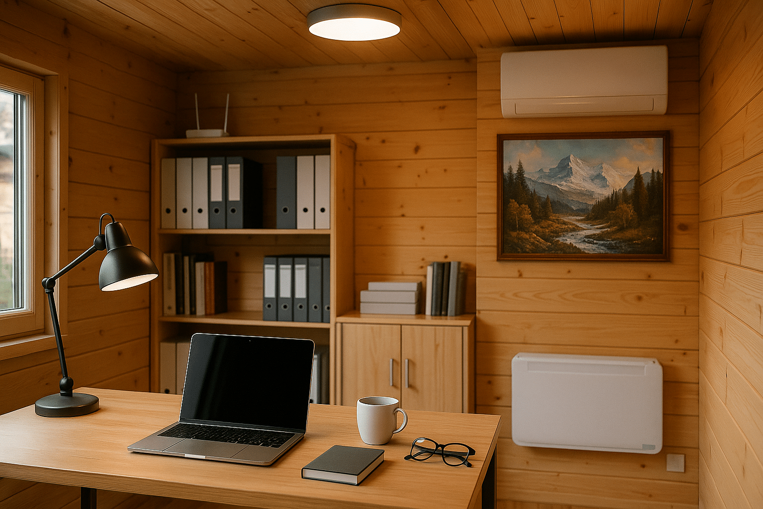 Holz Gartenhaus mit Schreibtisch, Laptop, Leselampe, Tasse, Brille, Notizbuch, Regal mit Ordnern, Klimagerät, Heizung und Landschaftsgemälde.