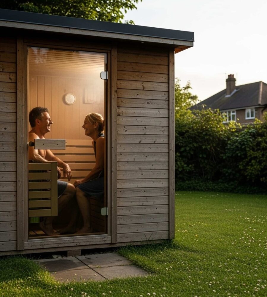 Zwei Personen sitzen sich in einer klassischen Gartensauna aus Holz mit Glastür gegenüber, umgeben von einem grünen Garten und einem Haus im Hintergrund.