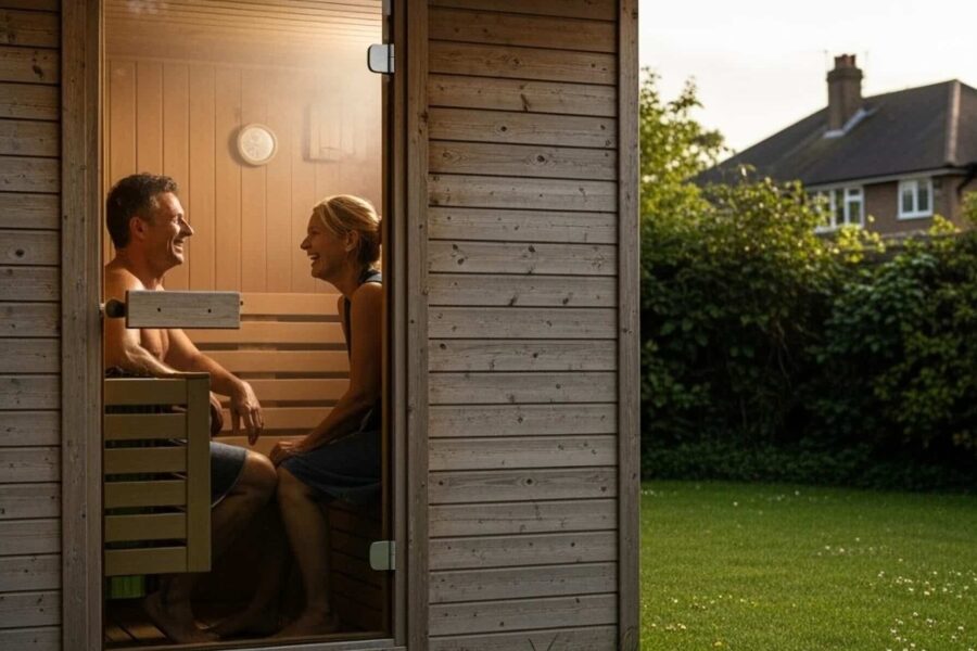 Zwei Personen sitzen sich in einer klassischen Gartensauna aus Holz mit Glastür gegenüber, umgeben von einem grünen Garten und einem Haus im Hintergrund.