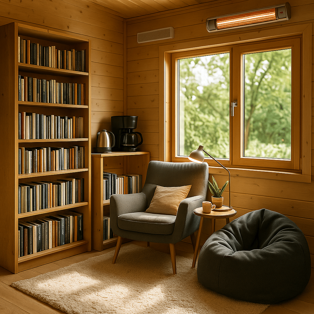 Gemütliche Leseecke in einer Gartenhütte mit Holzregal voller Bücher, grauem Sessel mit Kissen, kleinem Holztisch, schwarzem Sitzsack und Fenster mit Blick ins Grüne.