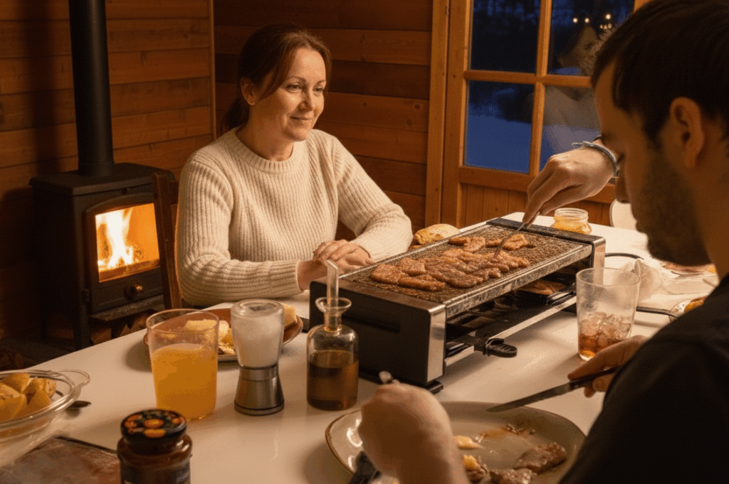 Gartenhütte aus Holz mit Kamin, darin ein Tisch mit Raclette-Grill, mehreren Fleischstücken und Getränken, drei Personen am Tisch.