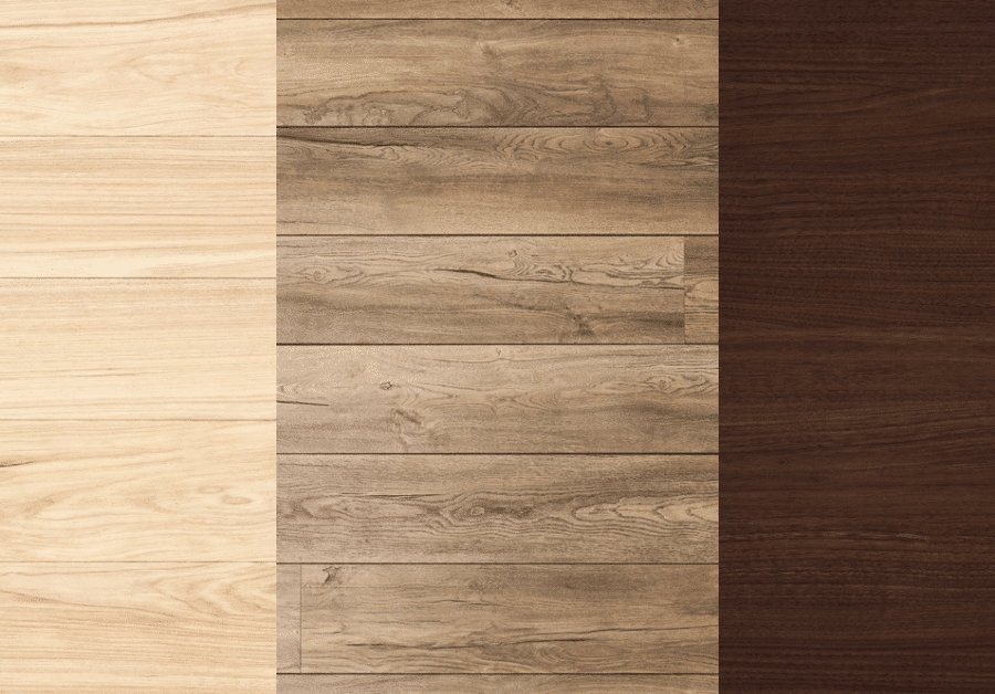 Titelbild Holzböden (Farbe) Drei nebeneinander angeordnete Holzboeden in hell, mittel und dunkel mit sichtbarer Maserung.