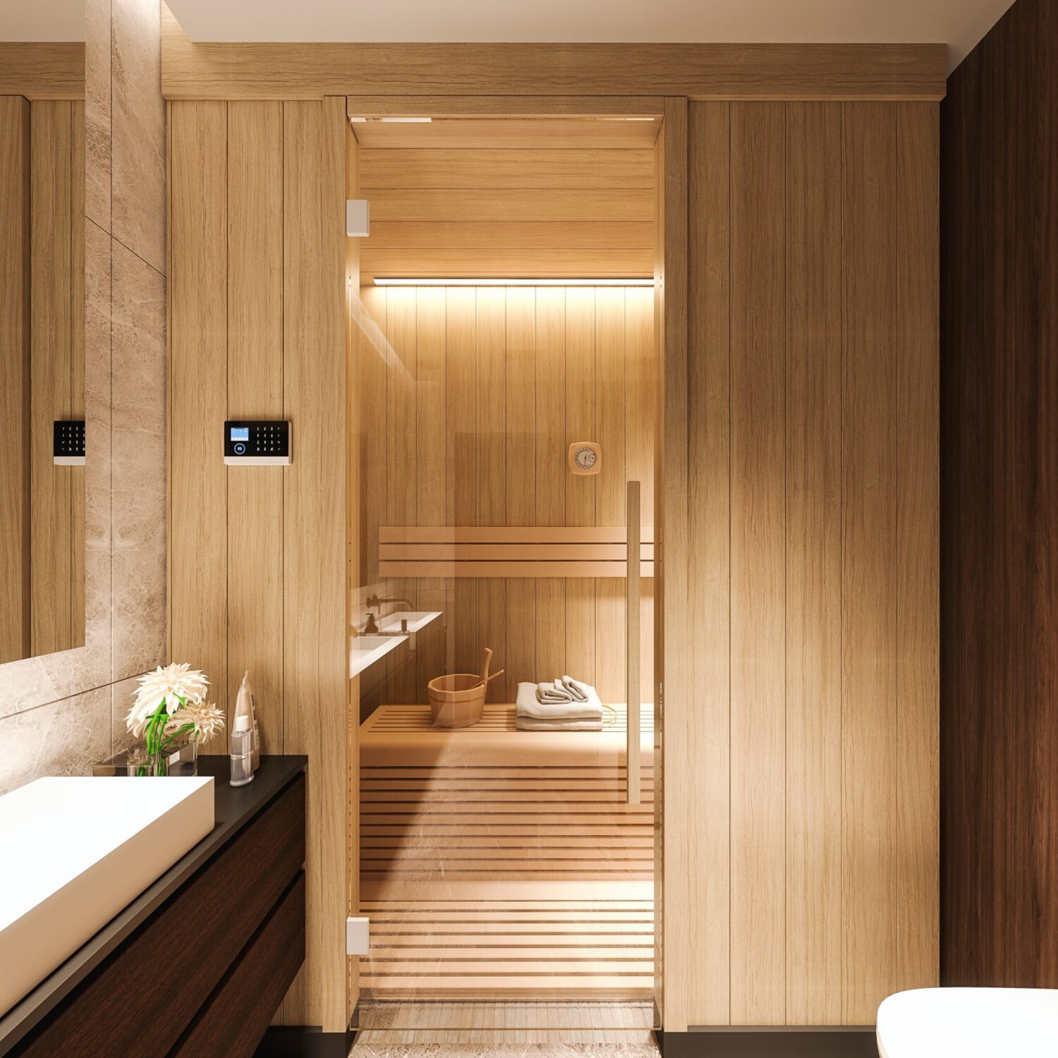 Modern,Bathroom,Design,With,Sauna.,Home,Spa,Interior,Design.,3d Badezimmer mit Holzverkleidung, Waschbecken, dunklem Unterschrank und Glastür zu einer Sauna mit Holzbänken, Saunaeimer und Handtüchern.