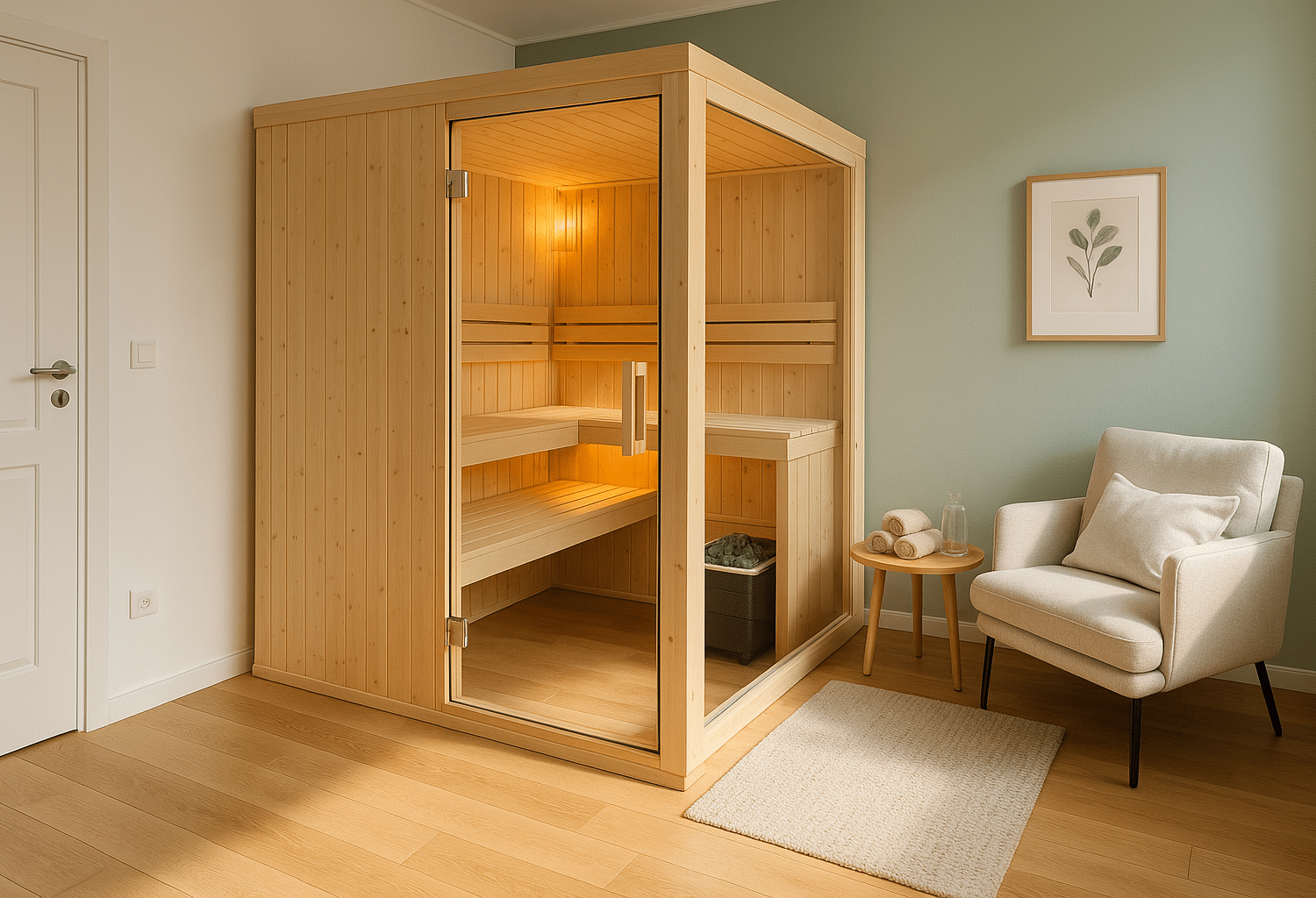 Zimmersauna 1 Holzsauna mit Glasfront und zwei Sitzbänken, beleuchtet, steht in einem hellen Raum neben einem Sessel mit Kissen und einem kleinen Tisch mit Handtüchern.