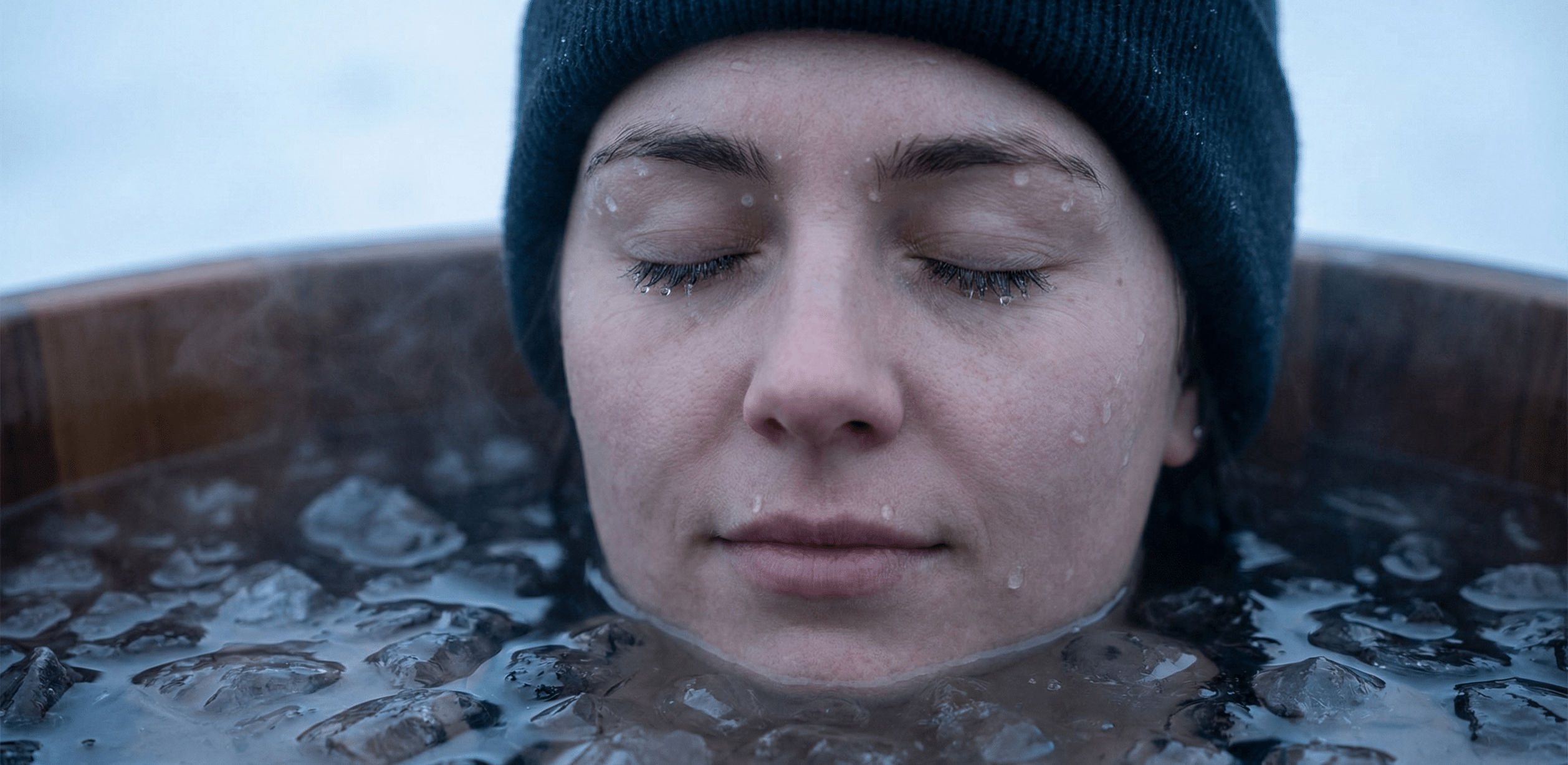 Nahaufnahme eines dampfenden Holzfasses mit Eiswürfeln im Wasser