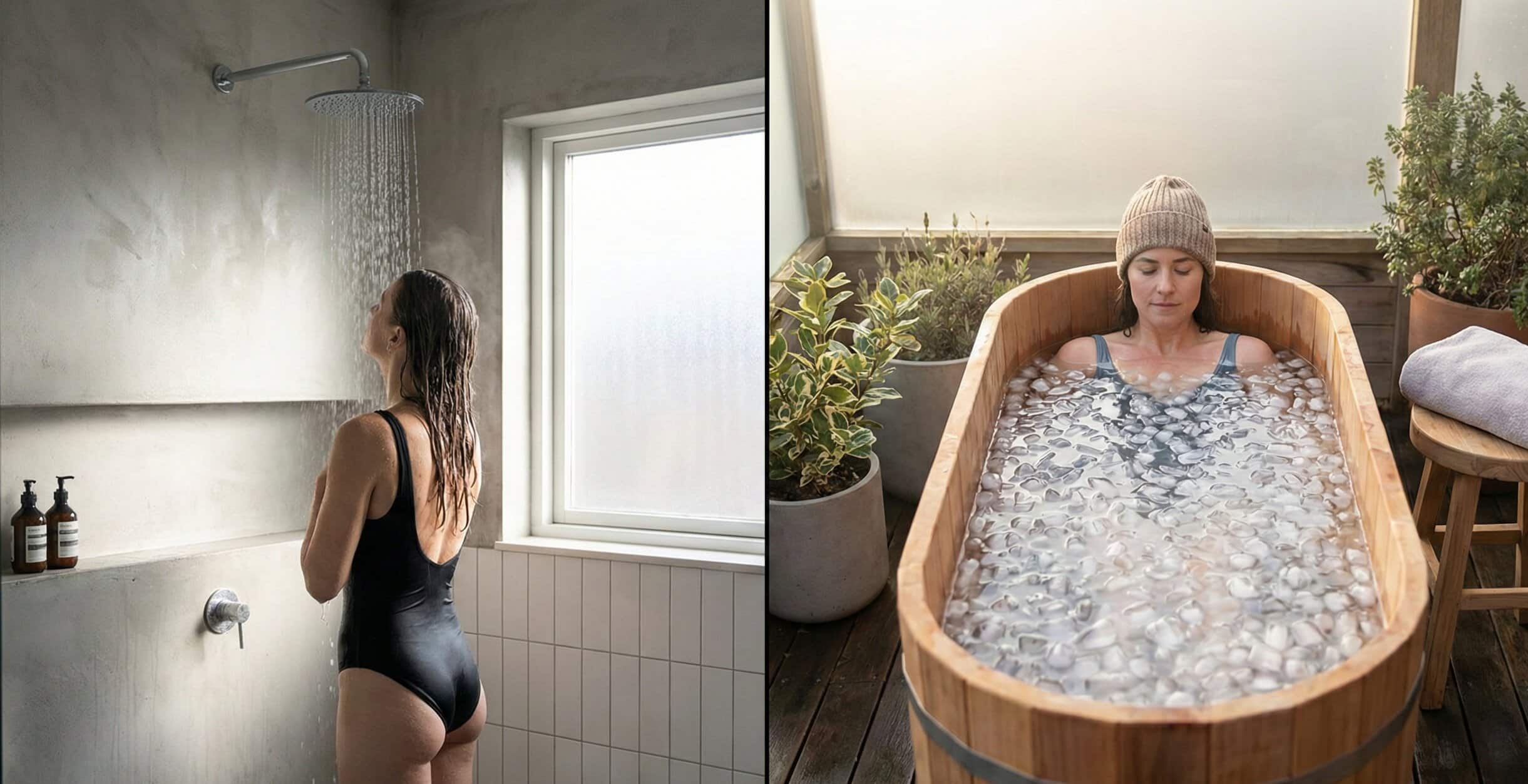 Links steht eine Frau im schwarzen Badeanzug unter einer Dusche, rechts liegt eine Person in einem Holzbottich voller Eiswasser.