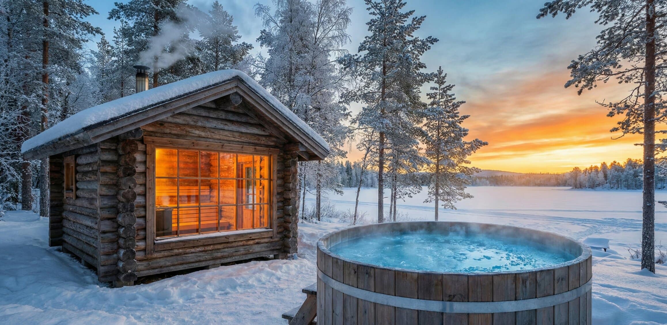 Holzsauna mit beleuchtetem Fenster neben einem runden Holzbadetrog im verschneiten Wald bei Sonnenuntergang