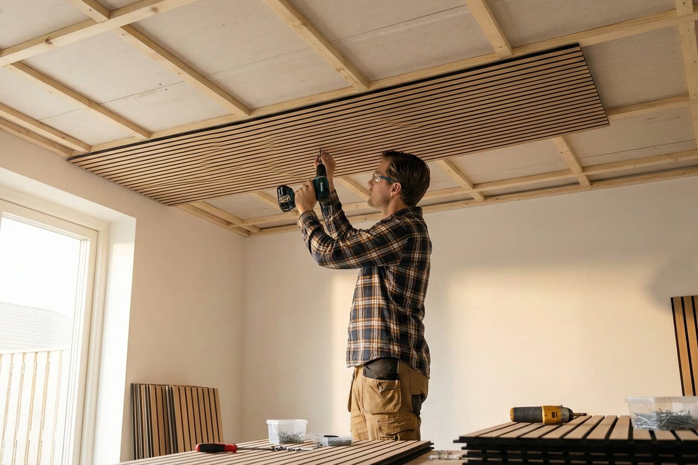akustik montage Person montiert ein Akustikpaneel an einer decke in einem hellen raum mit Holzunterkonstruktion