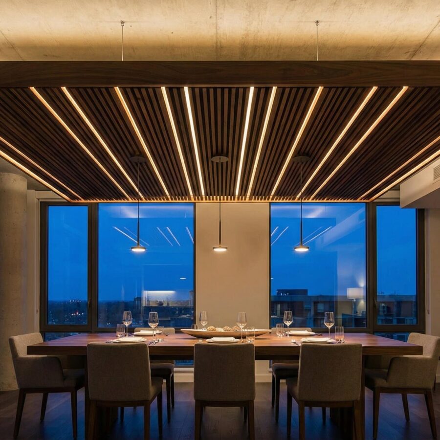 akustikinsel esstisch Moderner Essbereich mit großem Holztisch, mehreren gepolsterten Stühlen und einer rechteckigen Akustikinsel mit integrierter Beleuchtung an der Decke