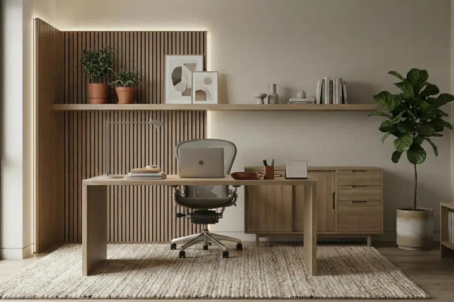 homeoffice Moderner Arbeitsplatz mit Holzschreibtisch, Bürostuhl, Laptop und Pflanzen vor einer Holzlamellenwand