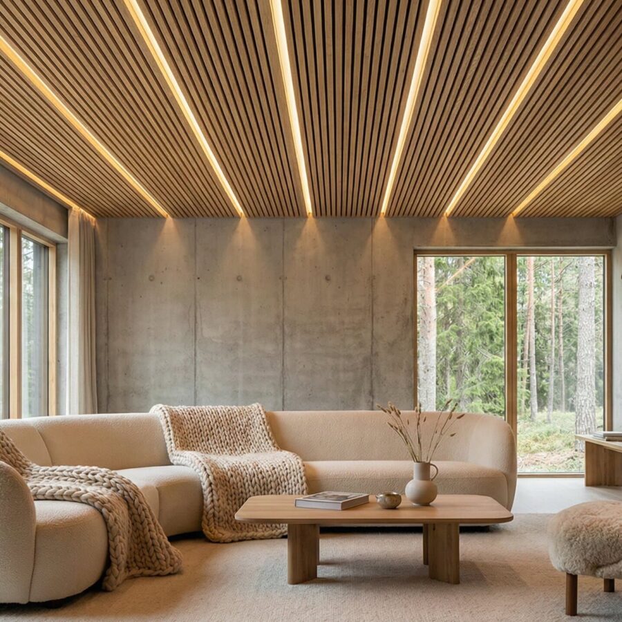 modernes Wohnzimmer akustik decke Modernes Wohnzimmer mit großer Fensterfront, geschwungener Polstersitzgruppe, Holztisch, Akustikdecke mit Holzlamellen und Sichtbetonwänden