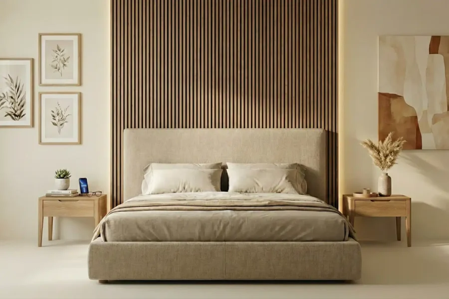 schlafzimmer Schlafzimmer mit beige gepolstertem Bett vor einer Wand mit vertikalen Akustikpaneelen und zwei Nachttischen mit Dekoration