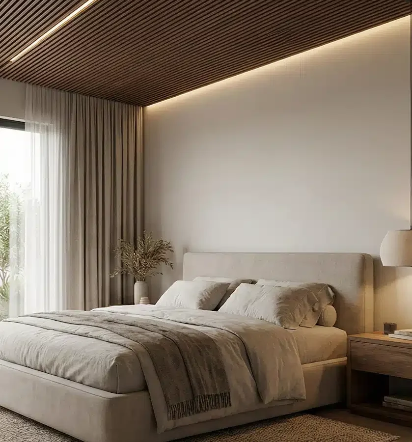 schlafzimmer_akustikinsel Schlafzimmer mit großem Bett, weichen Kissen, Decke und Akustikpaneel an der Decke aus Holzlamellen mit integrierter LED Beleuchtung