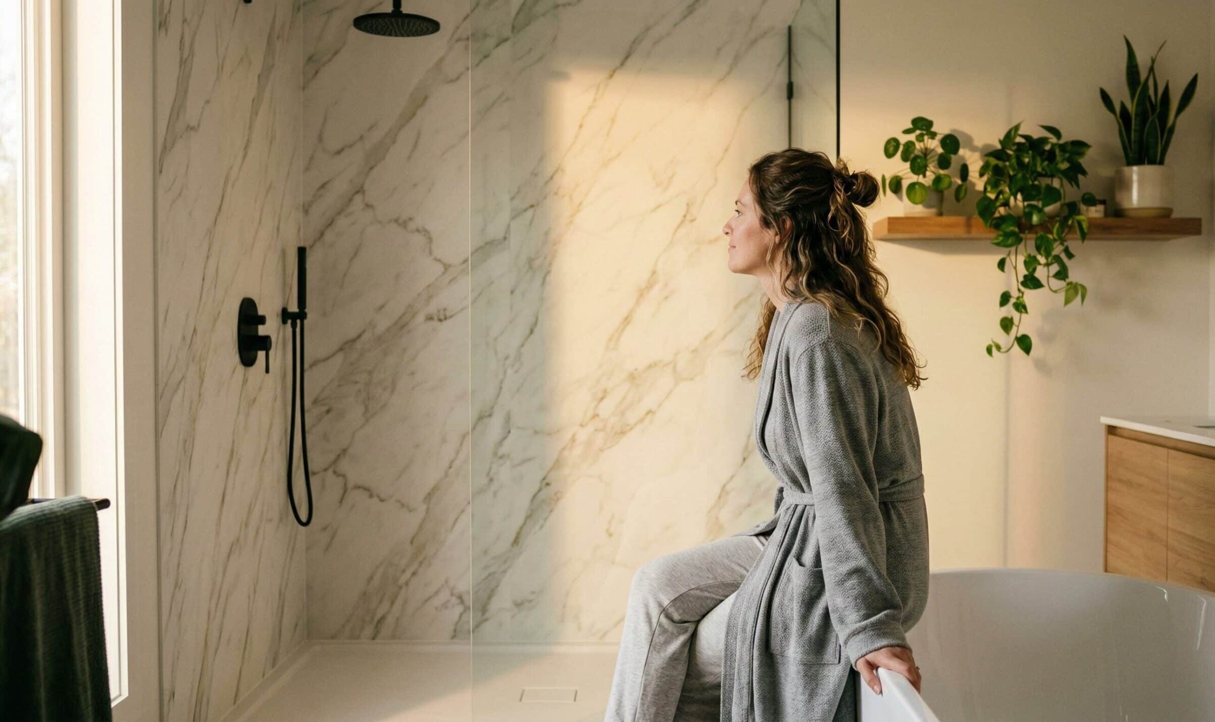 spc dusche Frau im grauen Bademantel sitzt auf der Badewannenrand vor einer Dusche mit SPC-Wandpaneelen in Marmoroptik und schwarzer Armatur