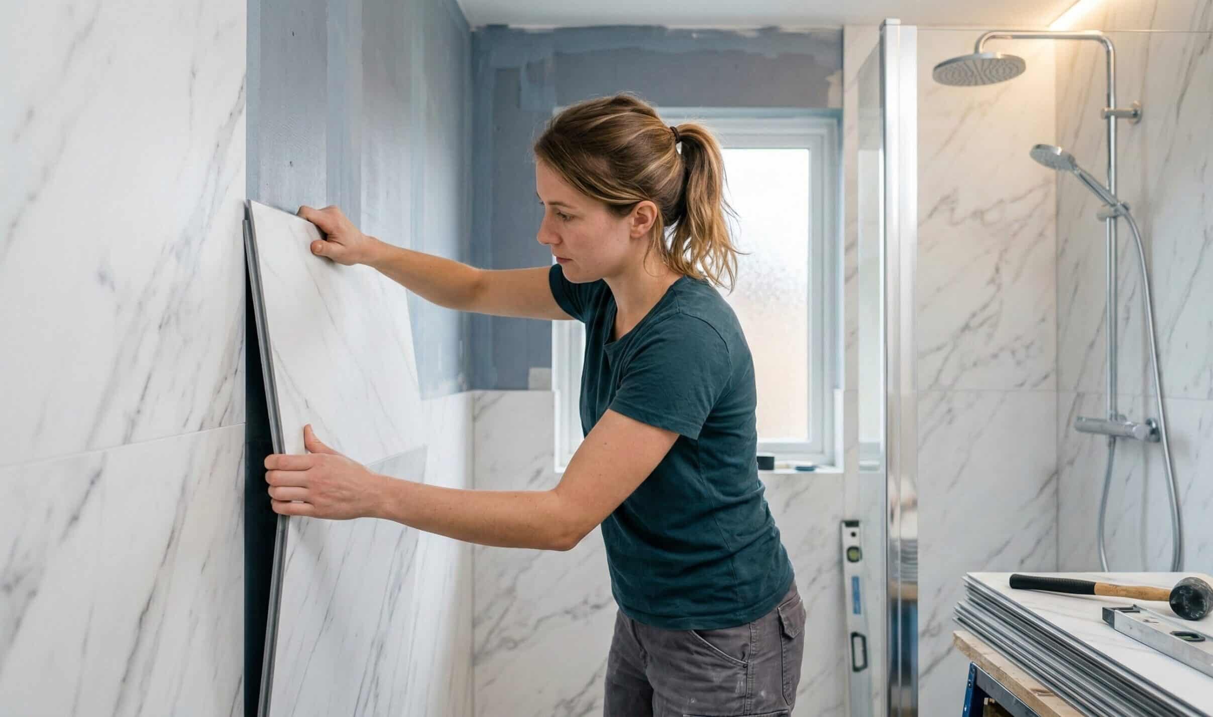 spc paneele verlegen bad Frau in Arbeitsklamotten verlegt Wandpaneele in einem Badezimmer mit Dusche und Fenster