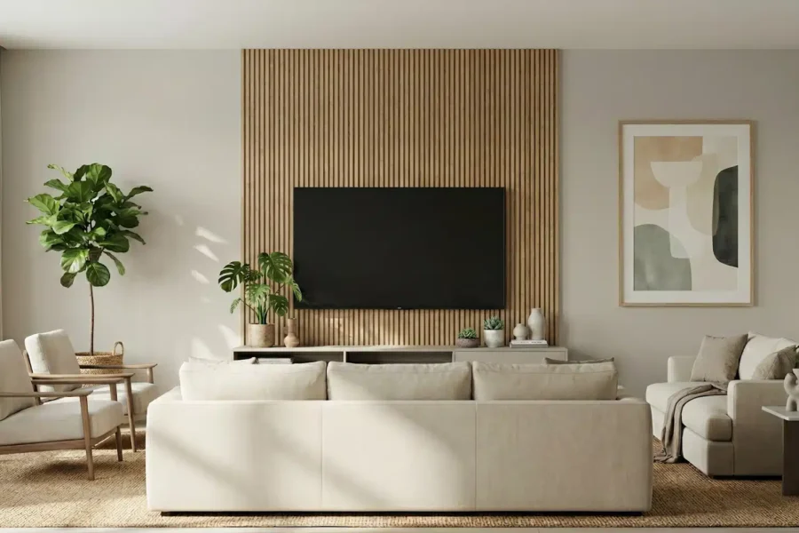 wohnzimmer1 Wohnzimmer mit hellen Möbeln, Akustikpaneel aus Holzlamellen hinter einem Fernseher an der Wand, Pflanzen und abstraktes Bild an der Wand