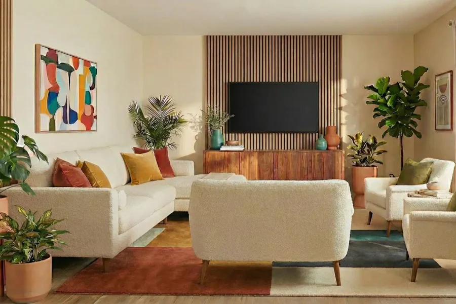 wohnzimmer2 Wohnzimmer mit Akustikpaneel hinter einem Fernseher, zwei Sofas, Sesseln, Pflanzen und bunter abstrakter Wandkunst