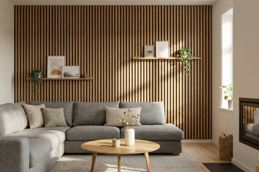 wohnzimmer3 Wohnzimmer mit grauem Ecksofa vor einer Wand mit vertikal verlaufenden Akustikpaneelen aus Holz, zwei schwebenden Regalen mit Pflanzen und Bildern sowie einem runden Holztisch davor