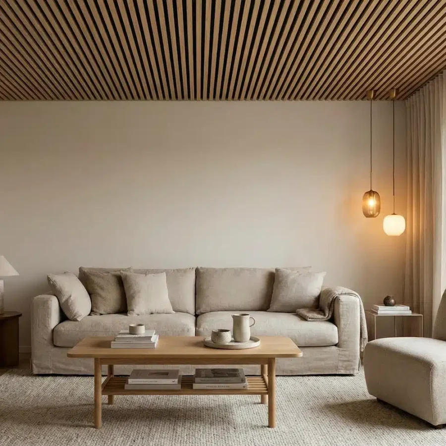 wohnzimmer_akustikdecke Wohnzimmer mit Akustikpaneeldecke aus Holzlamellen, Sofa, Sessel, Holztisch und Stehlampe vor weißer Wand